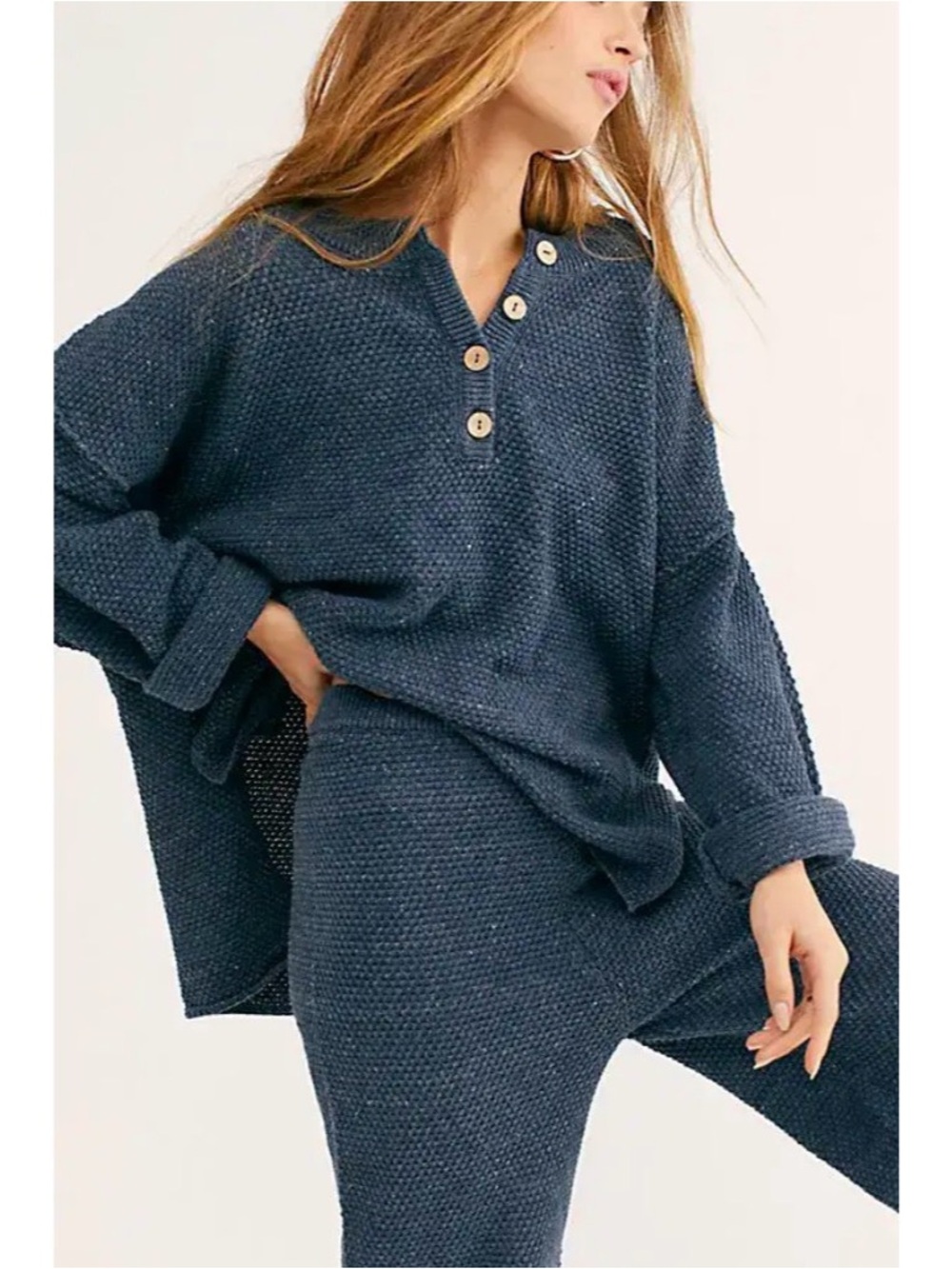 Blue Knit Henley SweaterSet